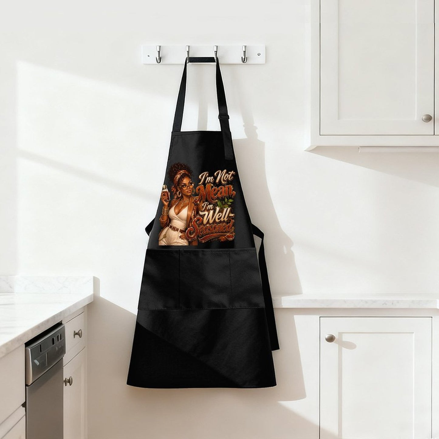 I'm Not Mean, I'm Well-Seasoned Black Apron | Funny Cooking Apron for Women | Southern Kitchen Gift | Black Woman Gift Decor
