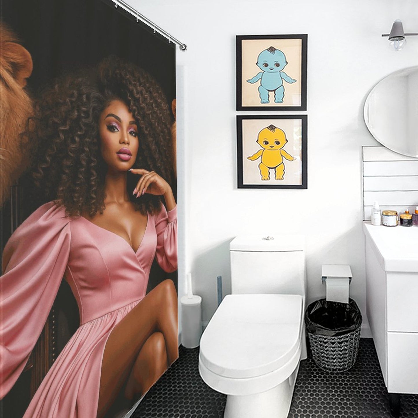 Regal Queen and Lions Black Luxury Shower Curtain