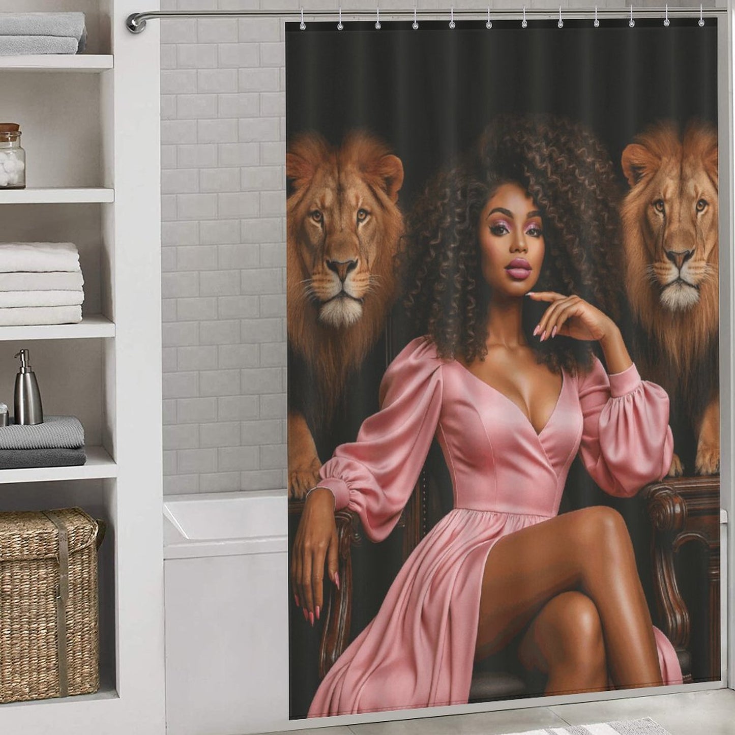 Regal Queen and Lions Black Luxury Shower Curtain