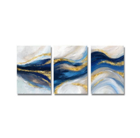 Abstract Canvas Painting Blue Gold White – Modern Wall Art Contemporary Home Living Room Décor