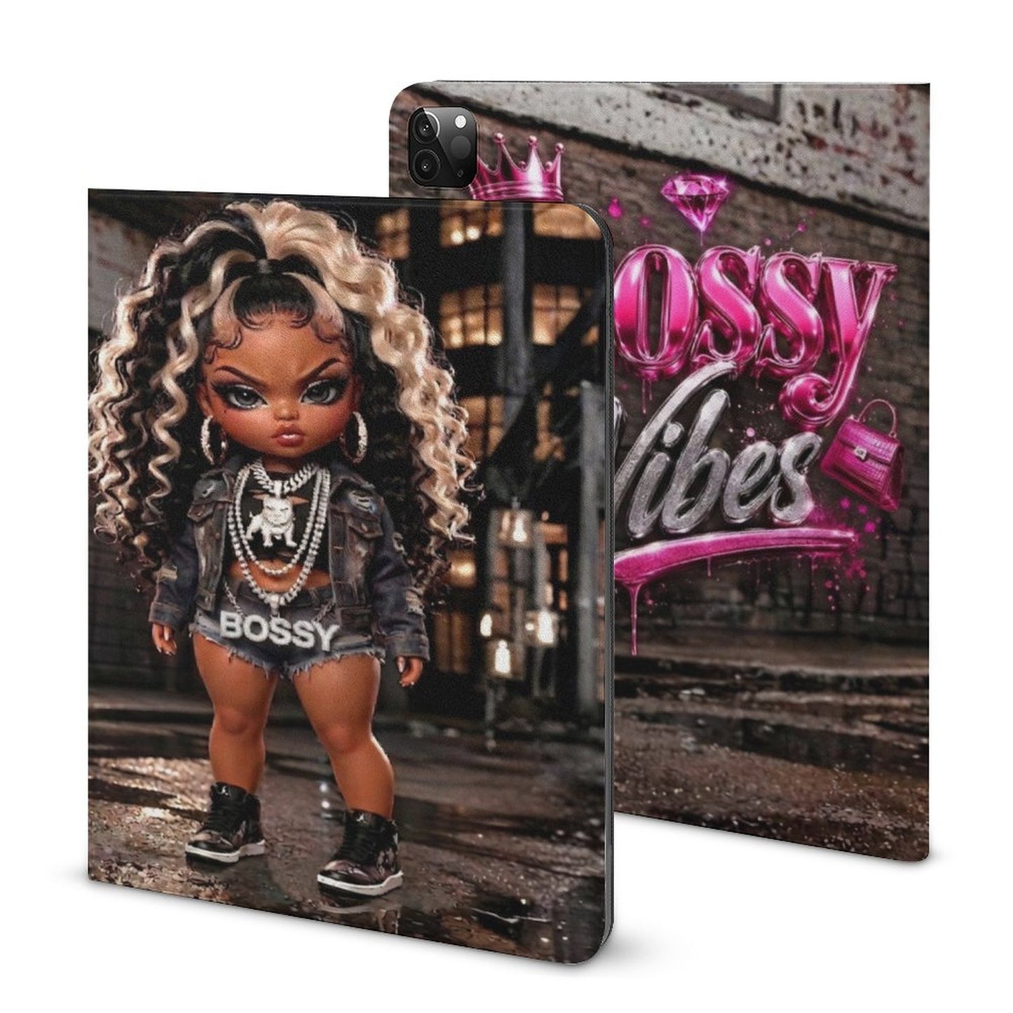Bossy Vibes Book-Style iPad Case with Apple Pencil Holder – Luxury iPad Protector Cover for Women, Magnetic Smart Folio Tablet Case, Stylish Boss Babe Tech Accessory