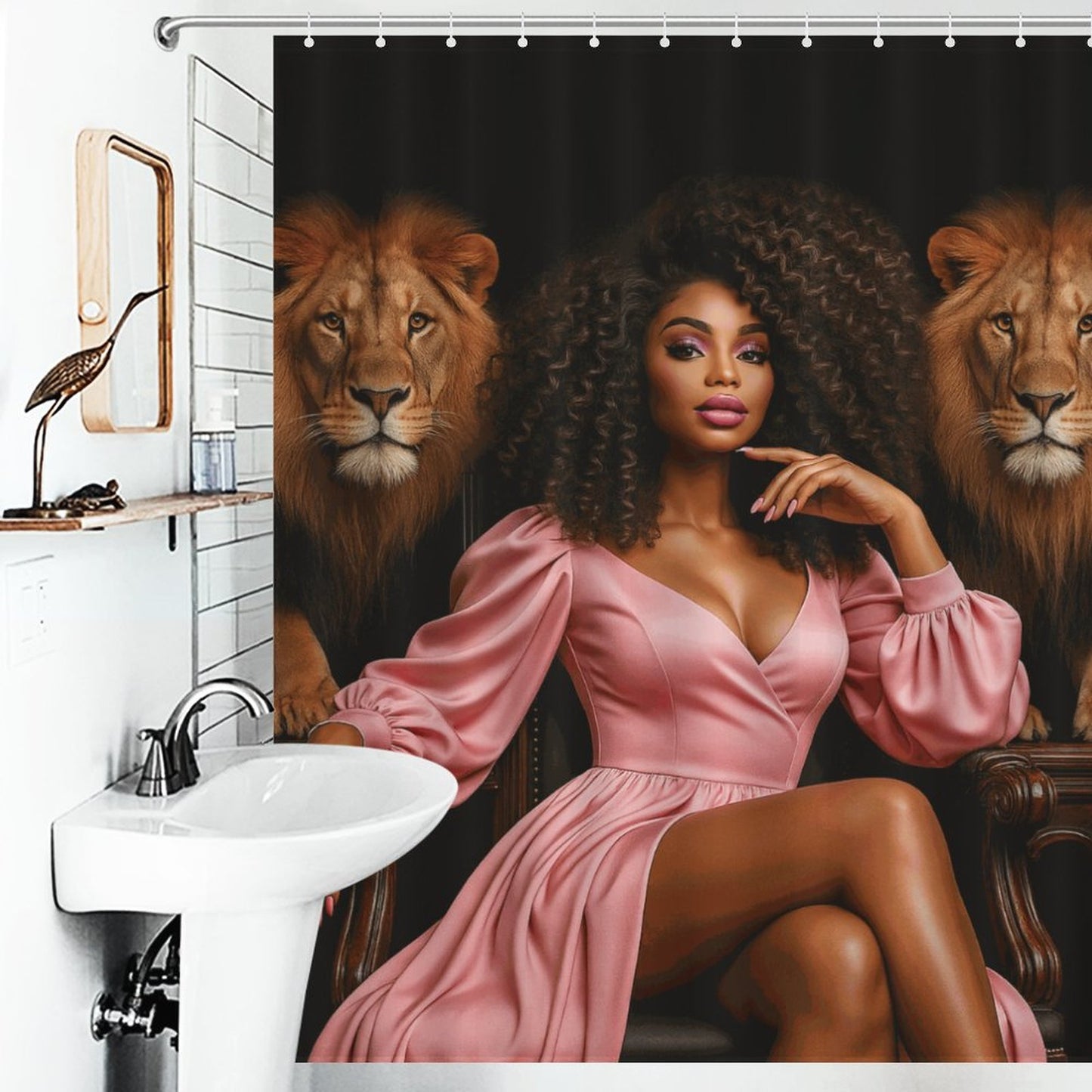 Regal Queen and Lions Black Luxury Shower Curtain