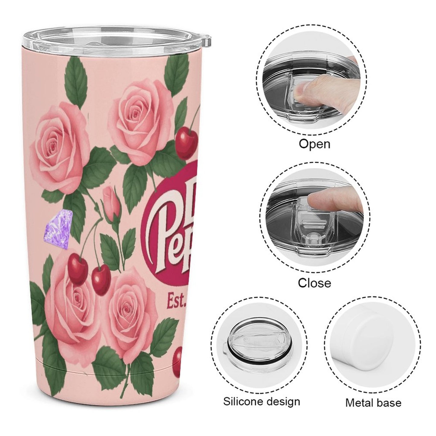 Dr. Pepper Floral Tumbler with Straw | Vintage Cherry Rose Insulated Travel Cup | 20oz Stainless Steel Tumbler for Soda Lovers