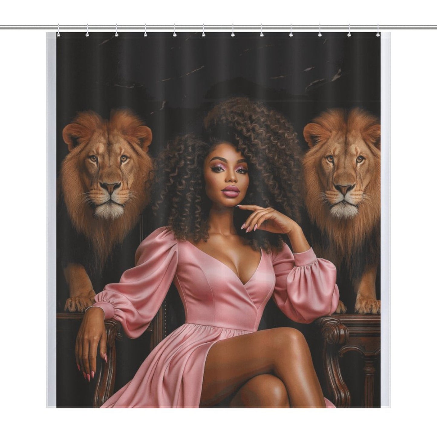Regal Queen and Lions Black Luxury Shower Curtain