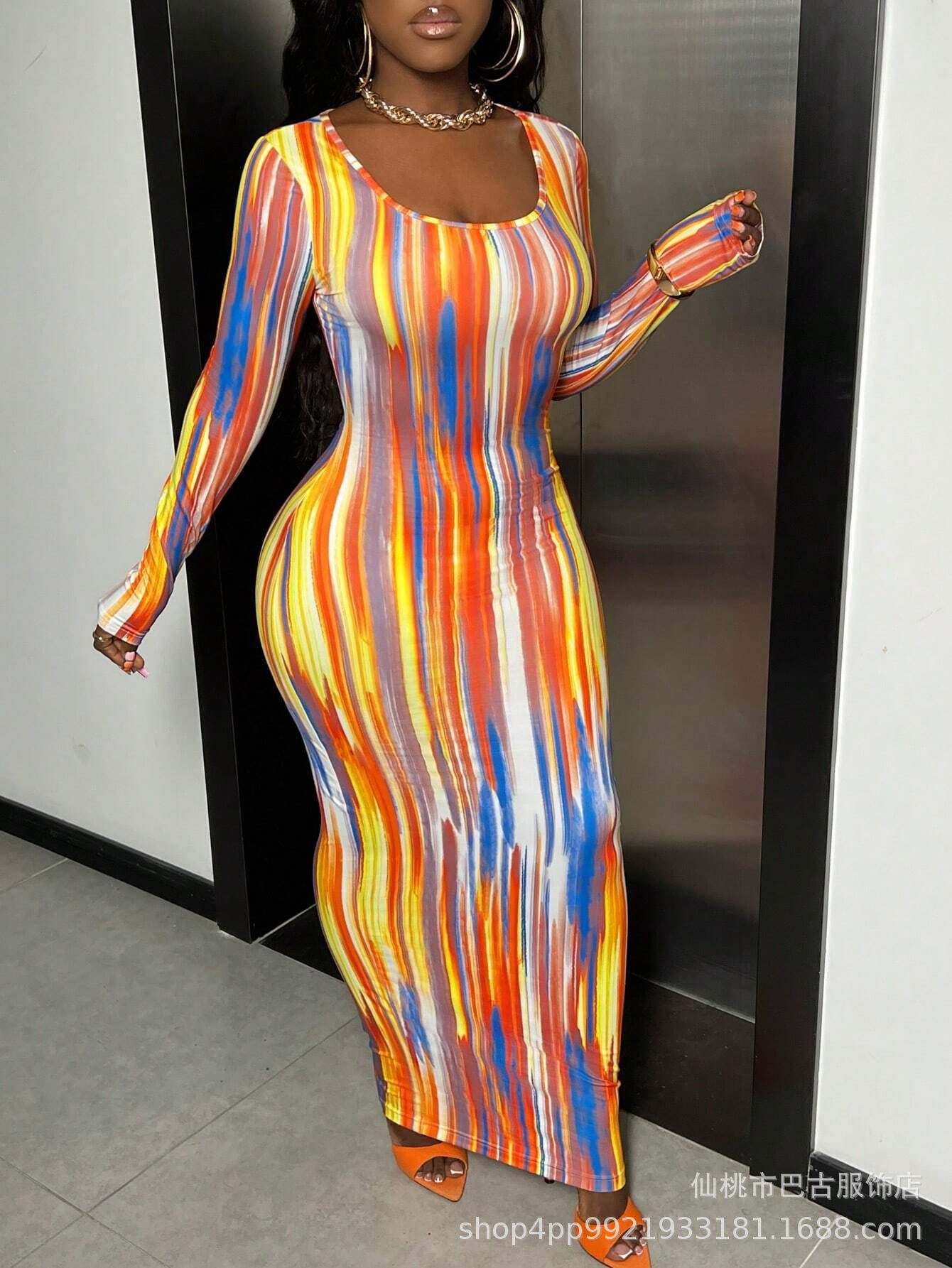 Chic Printed Long Sleeve Commute Dress
