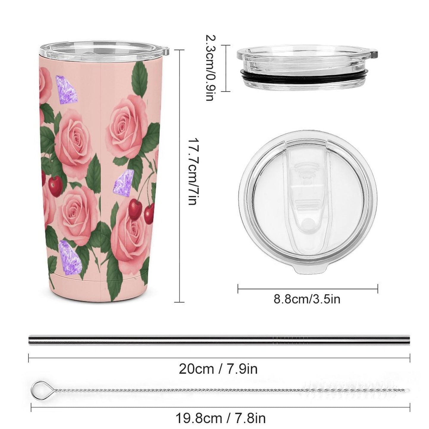 Dr. Pepper Floral Tumbler with Straw | Vintage Cherry Rose Insulated Travel Cup | 20oz Stainless Steel Tumbler for Soda Lovers