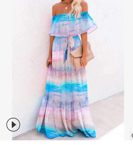 Women's Wrapped Chest Print Gradient Color Large Swing Skirt Dress
