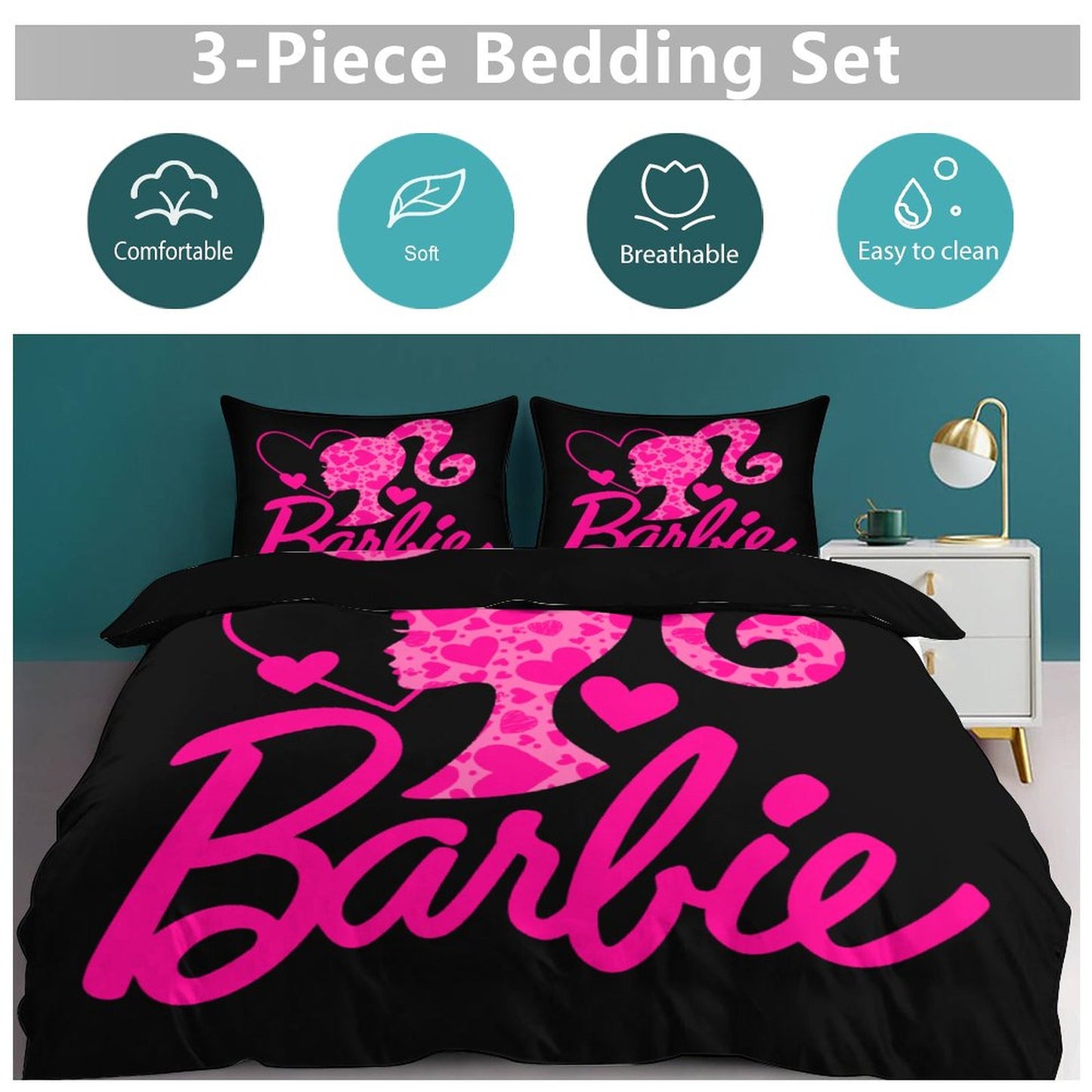 Pink and Black Doll House Collection Bedding Set | Elegant Doll-Inspired Bedroom Decor | 3-Piece Bedding Set (Dual-sided Printing)