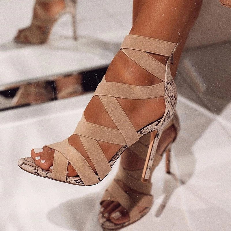 High heels with cross ties snake pattern High Heels