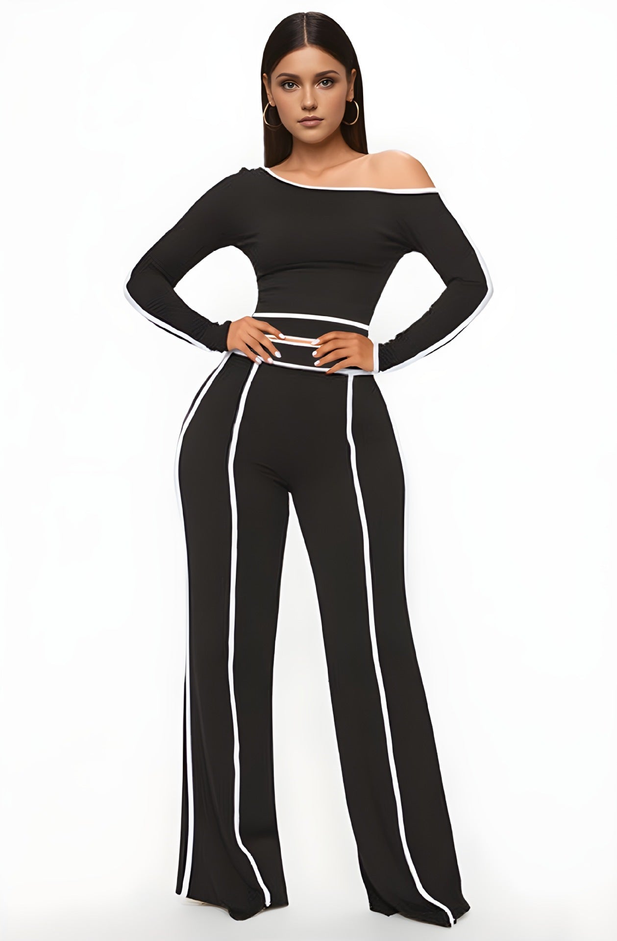 Women’s Commute Leisure Two-Piece Set – Diagonal Collar Top & High Waist Trousers | Chic Long Sleeve Stitch Set | Elegant Casual Outfit for Work or Brunch
