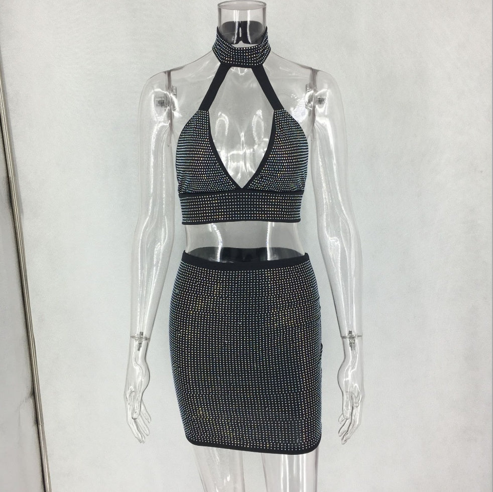 Women’s Diamond Two-Piece Set Dress | Luxury Sparkle Matching Outfit | Glam Evening & Party Wear