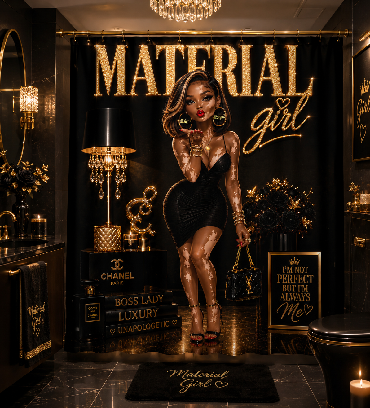 Material Girl Luxury Waterproof Shower Curtain | Black & Gold Glam Bathroom Decor | Fashion-Inspired Vitiligo Beauty Bath Curtain | Modern Chic Bathroom Accent