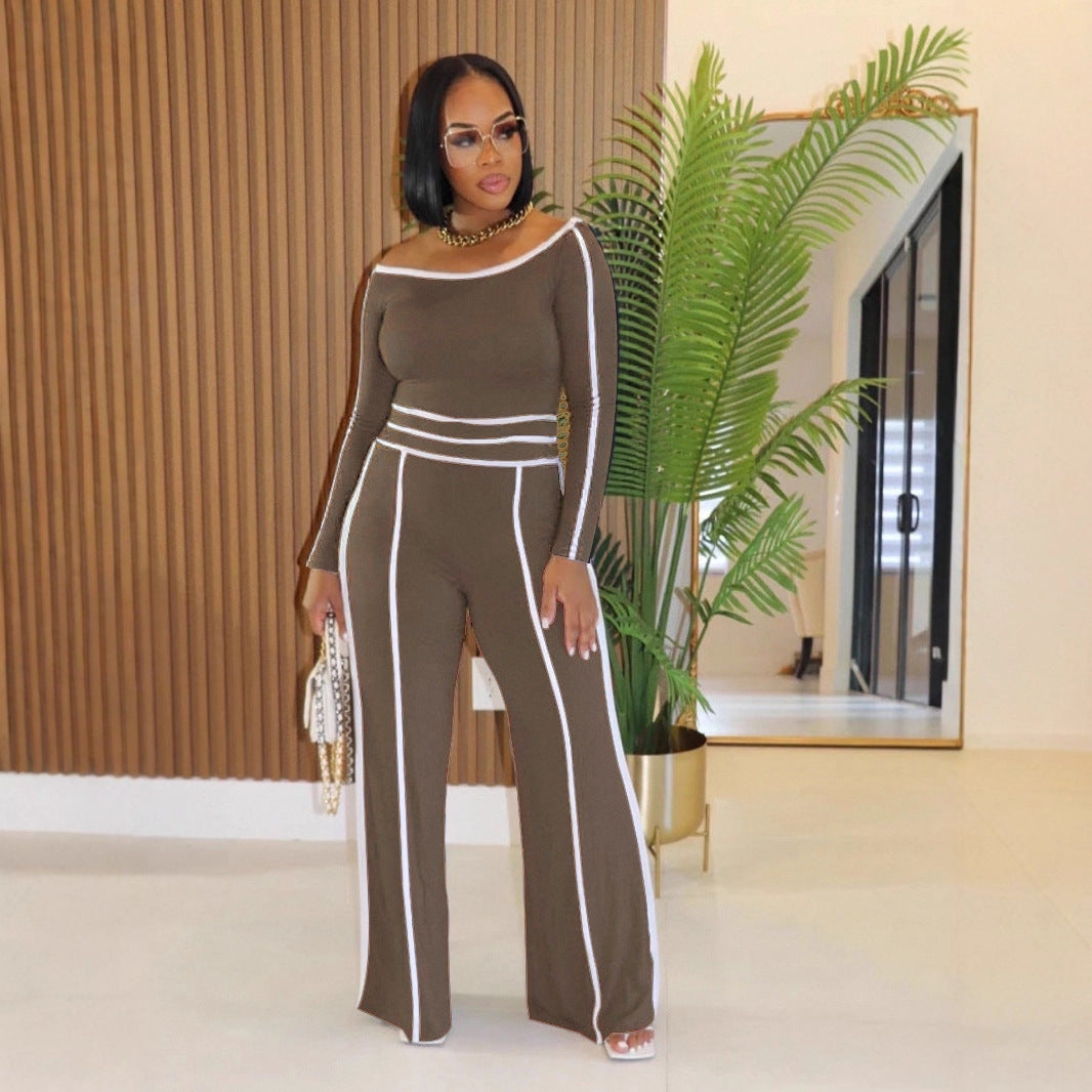 Women’s Commute Leisure Two-Piece Set – Diagonal Collar Top & High Waist Trousers | Chic Long Sleeve Stitch Set | Elegant Casual Outfit for Work or Brunch