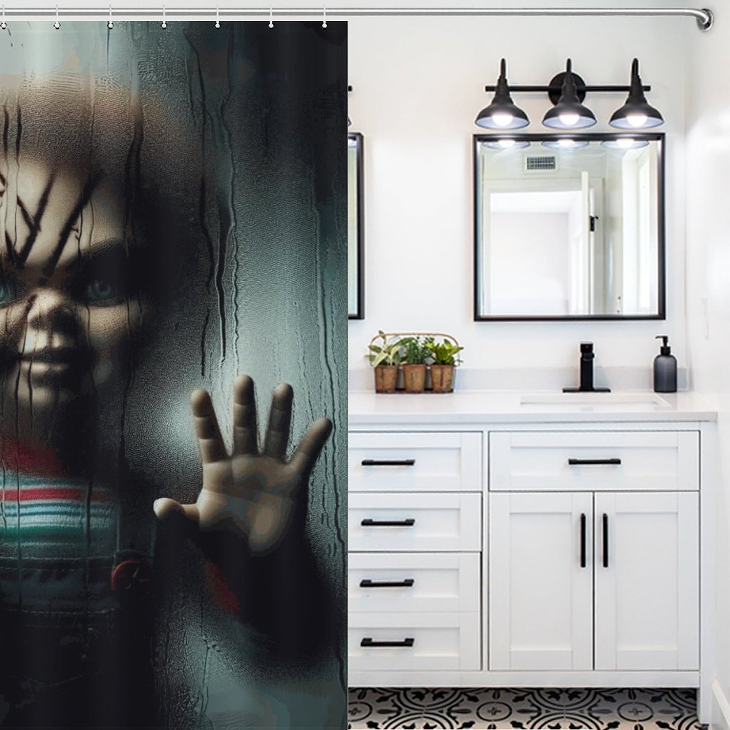 Creepy Chucky Horror Shower Curtain | Killer Doll Bathroom Decor | Halloween Scary Movie Curtain | Spooky Horror Home Decor Gift