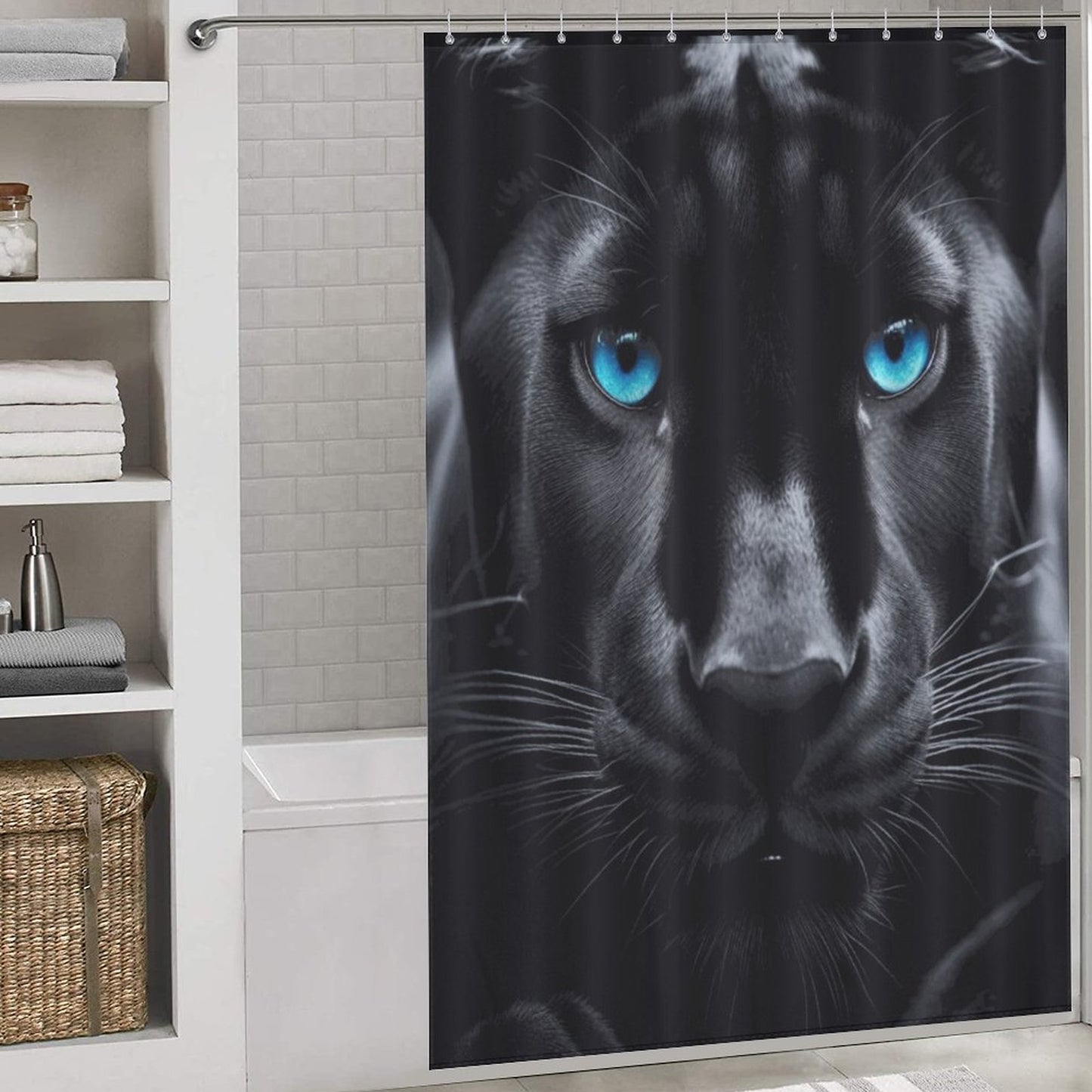Fierce Black Panther Shower Curtain with Striking Blue Eyes – Bold Animal Design | Bold African-Inspired Home Decor