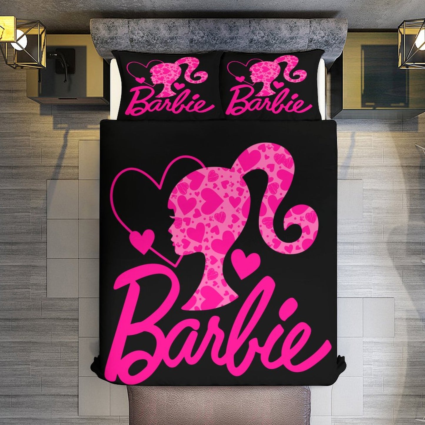 Pink and Black Doll House Collection Bedding Set | Elegant Doll-Inspired Bedroom Decor | 3-Piece Bedding Set (Dual-sided Printing)