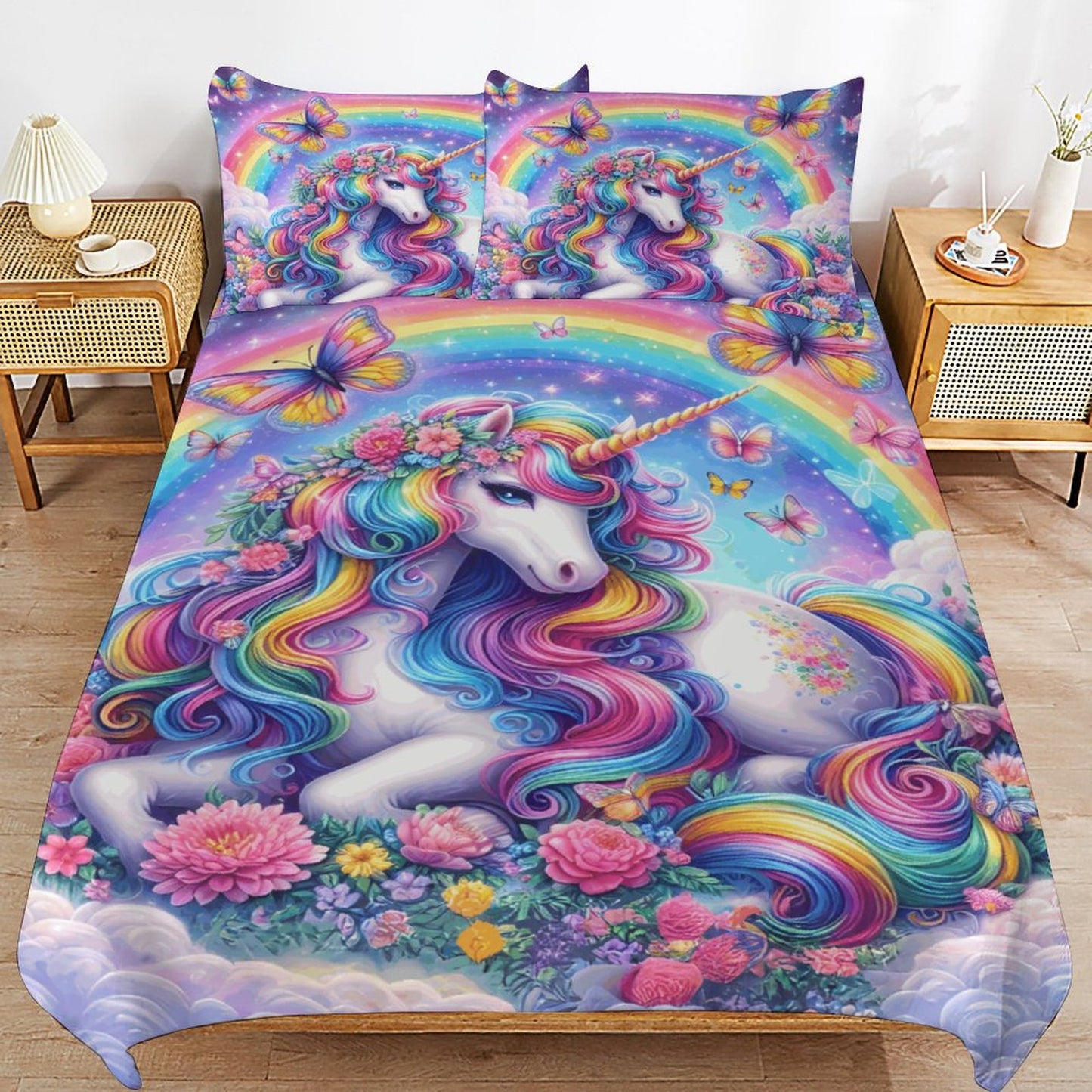 Magical Rainbow Unicorn 3-Piece Bedding Set – 86"x70" (218×177cm) Dual-Sided Comforter with Pillowcases – Fantasy Kids & Teen Bedroom Decor