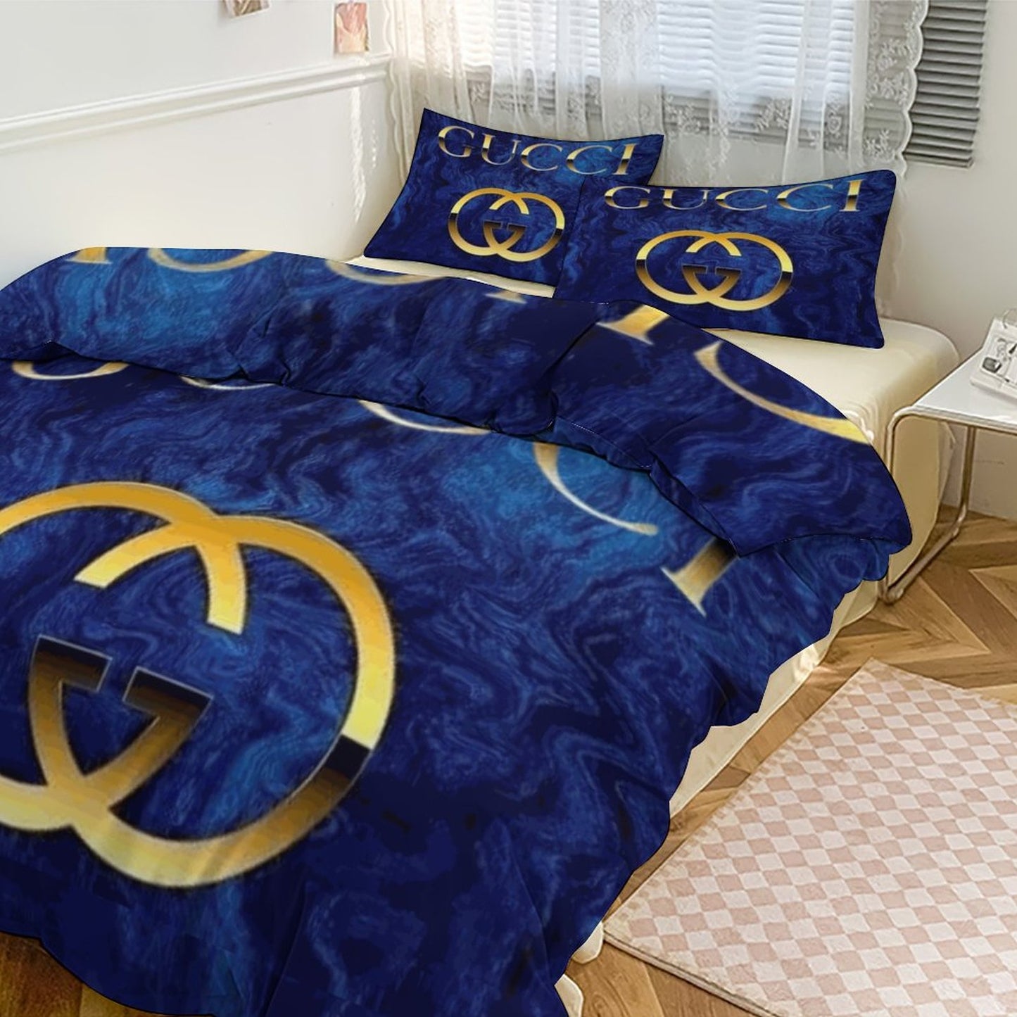 Luxury Blue & Gold Bedding Set – 3 Piece Comforter & Pillowcases | 3-Piece Bedding Set (Dual-sided Printing)