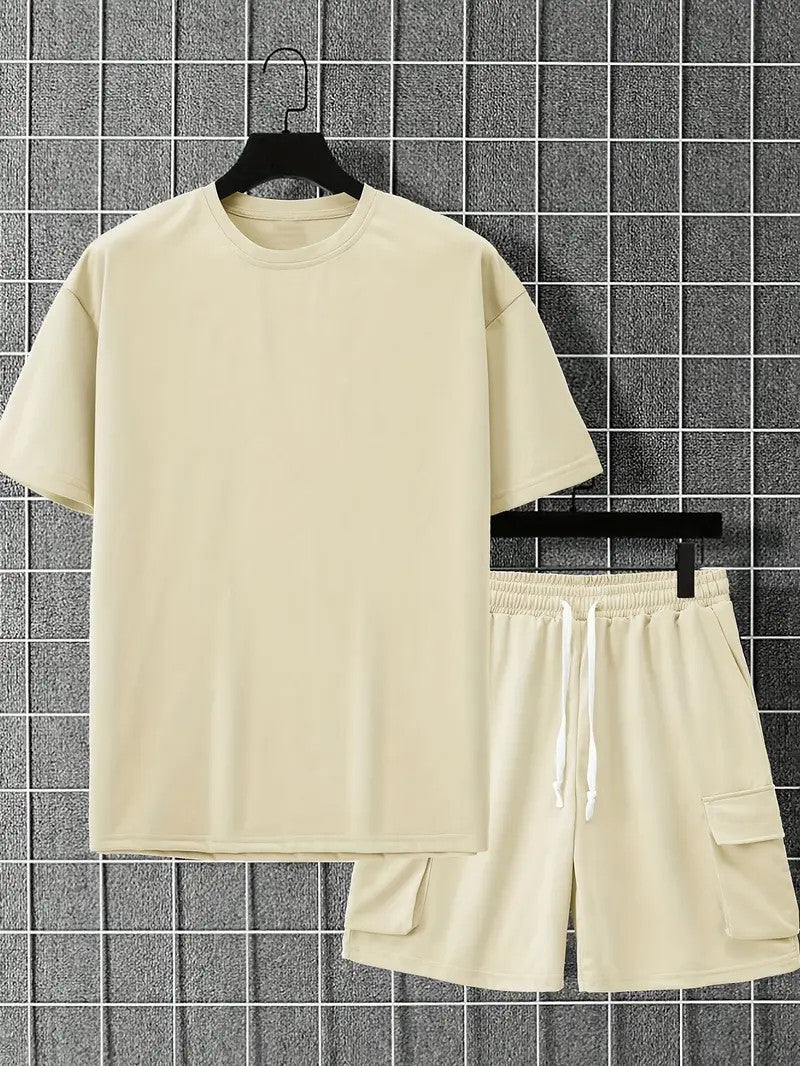 Men's Casual 2-Piece Set – Solid Crew Neck T-Shirt & Drawstring Shorts with Multi Pockets | Summer Outfit for Outdoor, Street wear, Lounge wear
