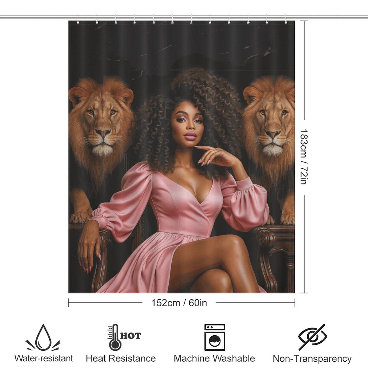 Regal Queen and Lions Black Luxury Shower Curtain