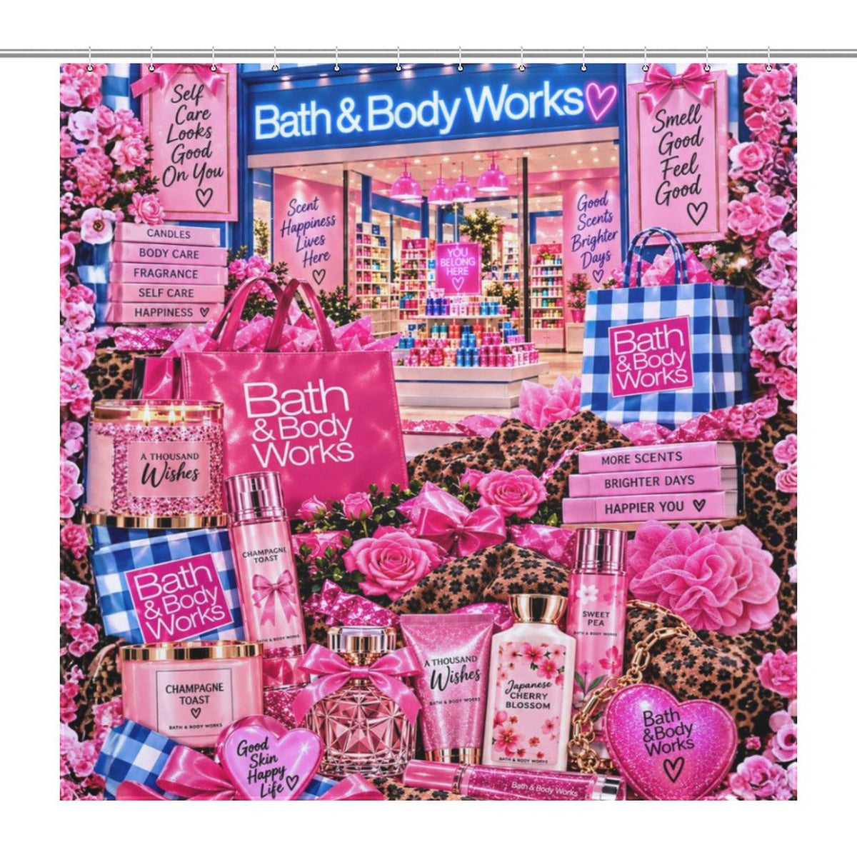 Pink & Blue Self Care Shower Curtain, Girly Bathroom Decor, Perfume Candle Floral Collage, Glam Beauty Bathroom