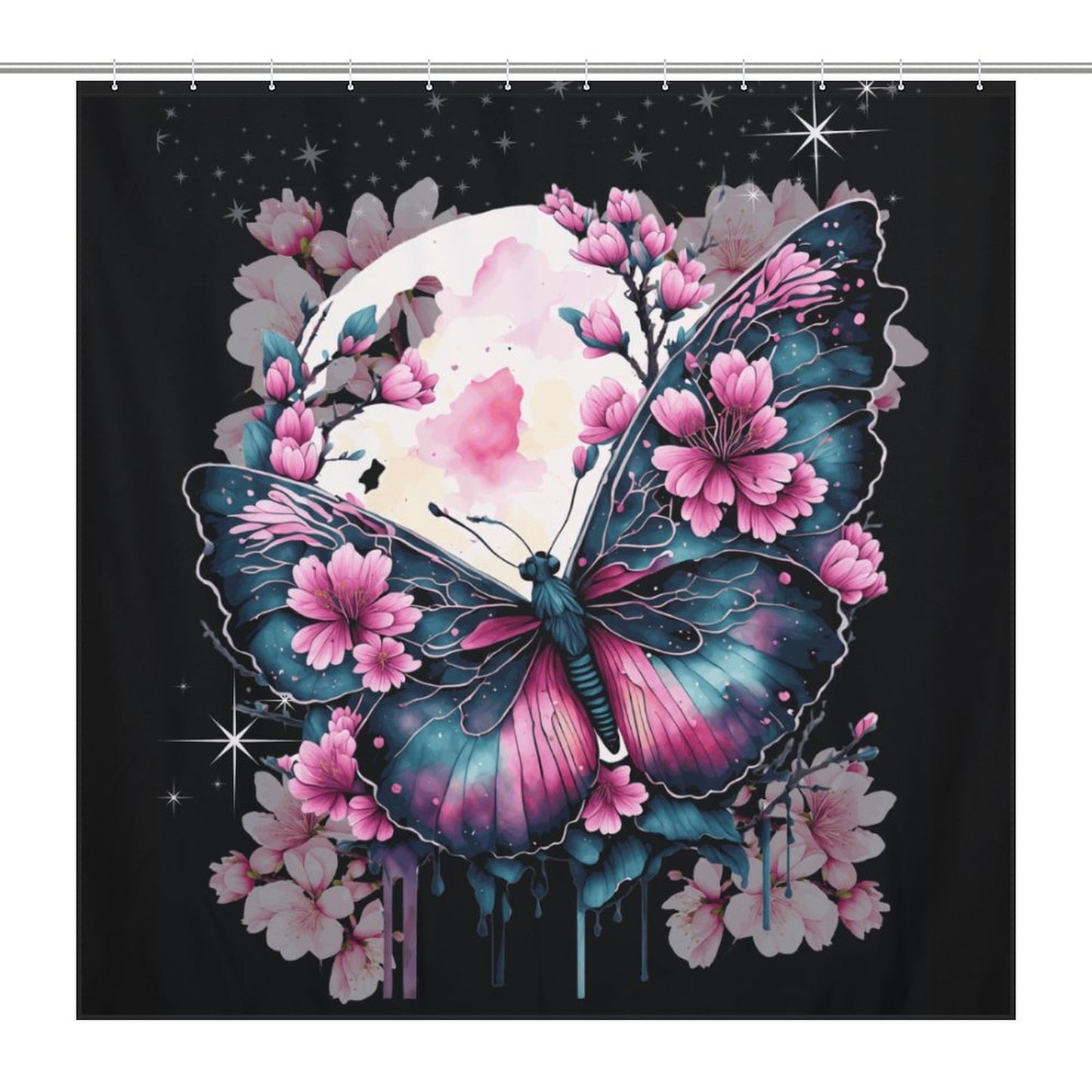Enchanted Midnight Butterfly Shower Curtain – Black & Blue Elegance