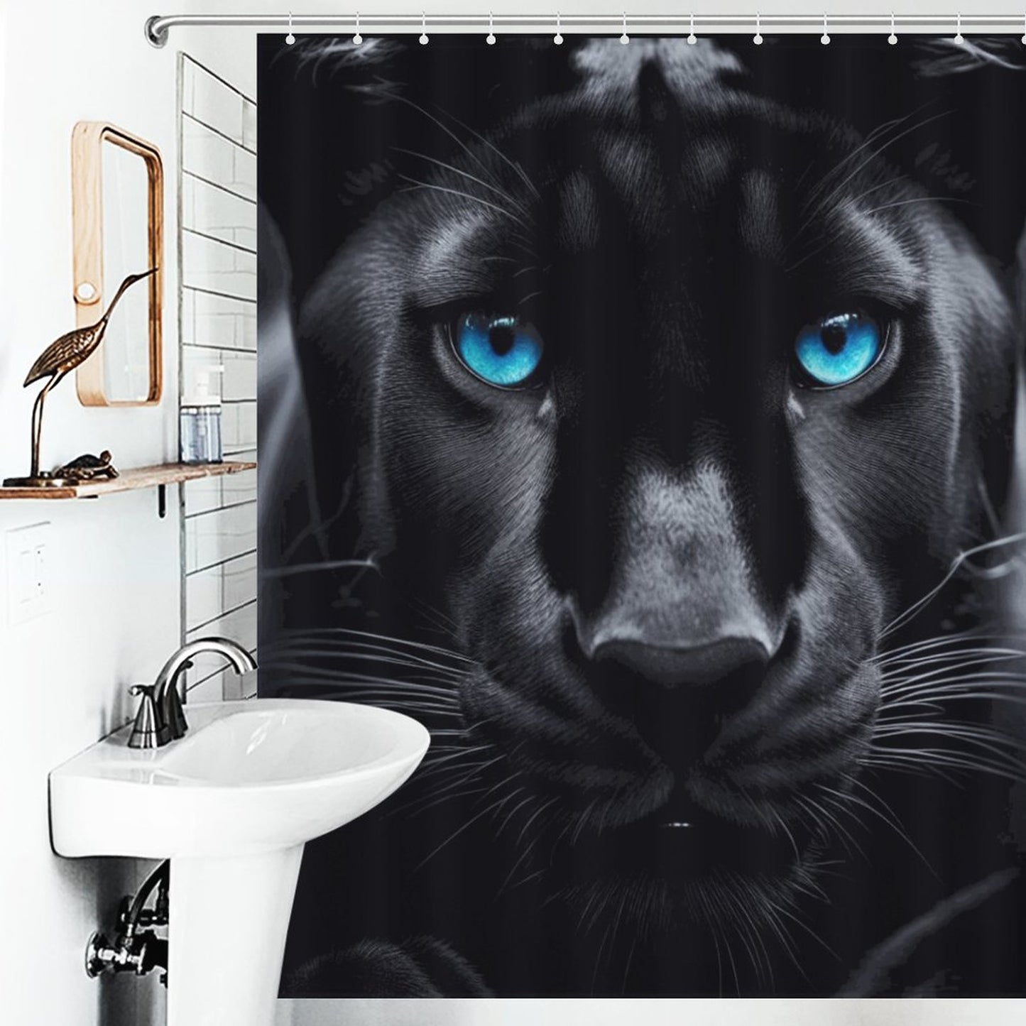 Fierce Black Panther Shower Curtain with Striking Blue Eyes – Bold Animal Design | Bold African-Inspired Home Decor