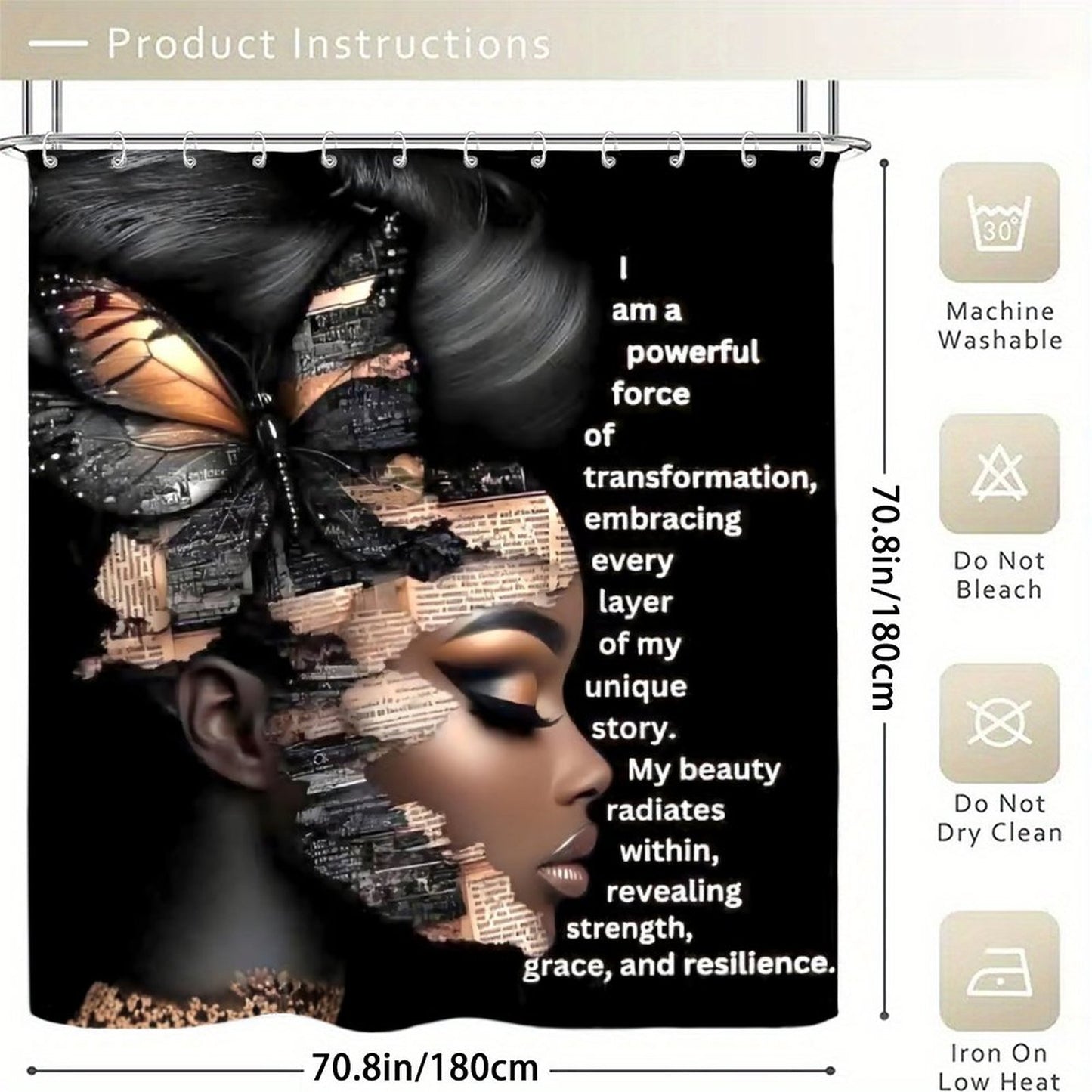 Empowered Transformation Shower Curtain – Black Woman Butterfly Art, Resilience & Strength Inspirational Bathroom Decor