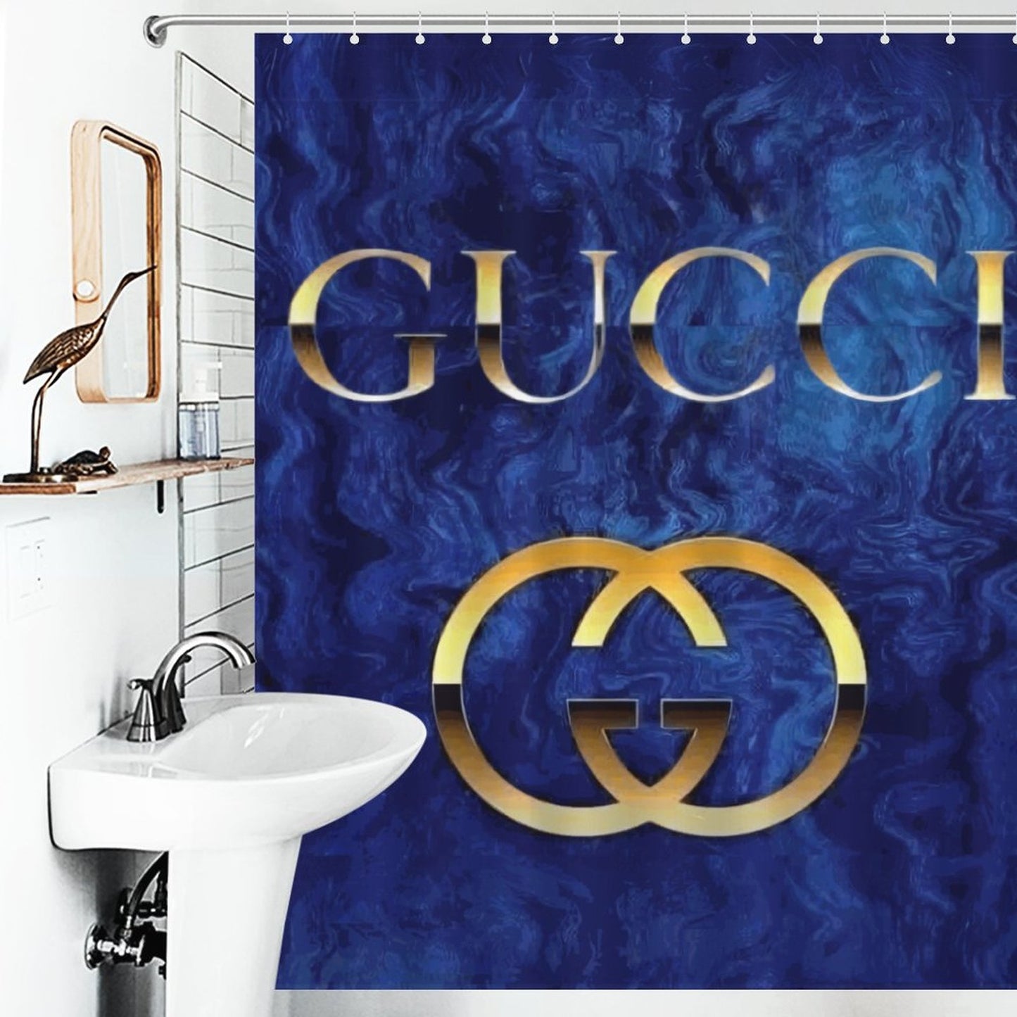 Luxury Blue & Gold Shower Curtain – Elegant Bathroom Decor