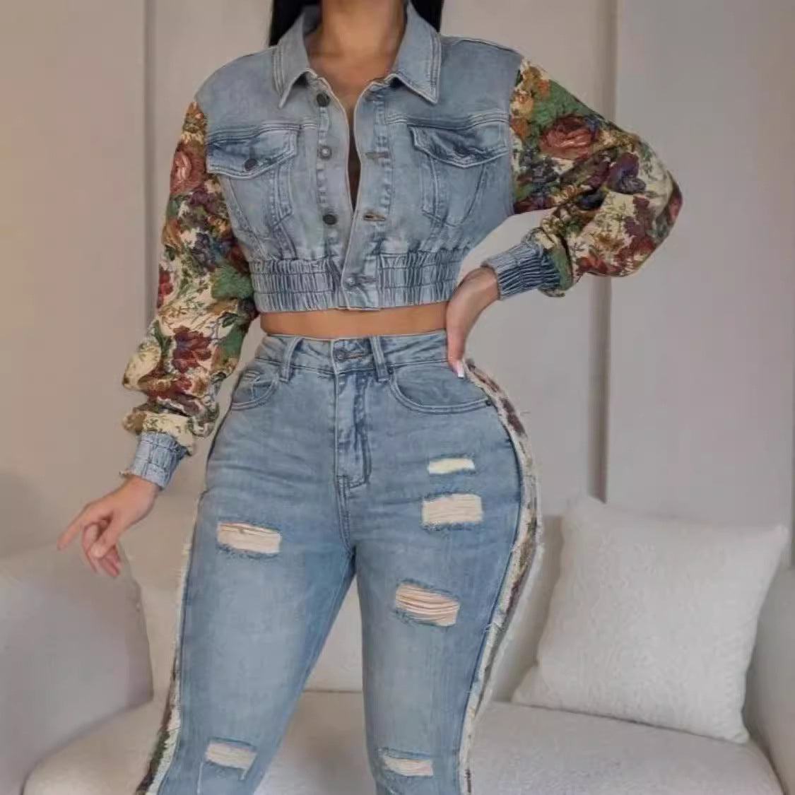 Floral Patchwork Denim Two-Piece Set | Cropped Jean Jacket & High-Waist Distressed Jeans | Trendy Women’s Statement Outfit
