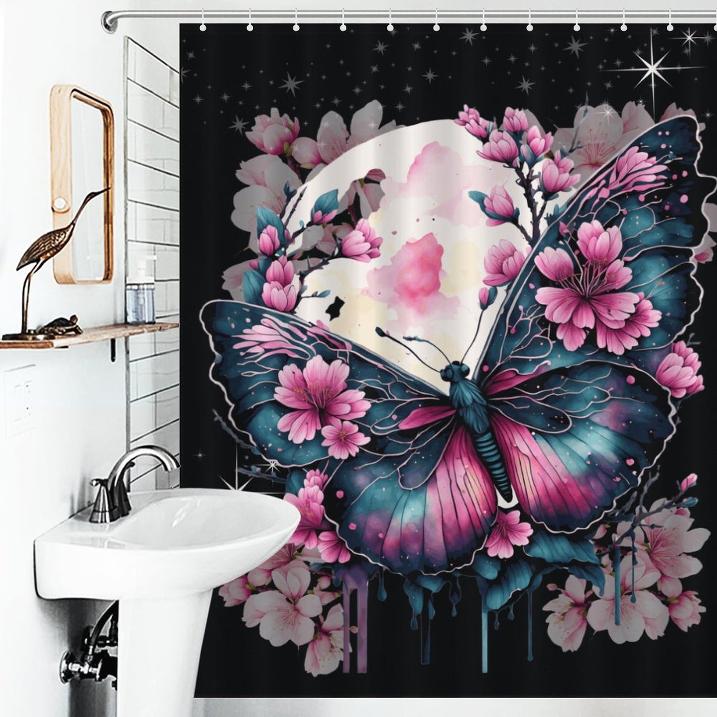 Enchanted Midnight Butterfly Shower Curtain – Black & Blue Elegance