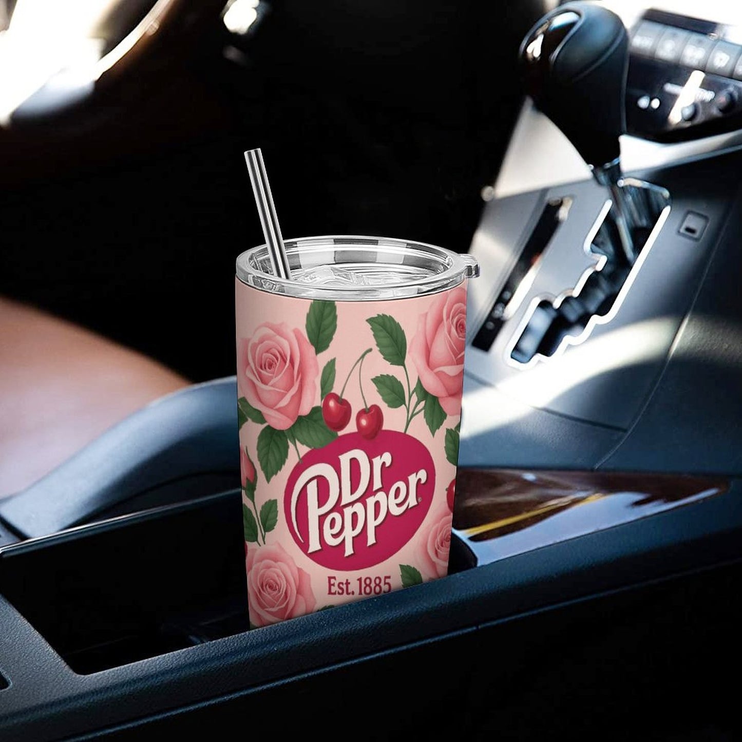 Dr. Pepper Floral Tumbler with Straw | Vintage Cherry Rose Insulated Travel Cup | 20oz Stainless Steel Tumbler for Soda Lovers