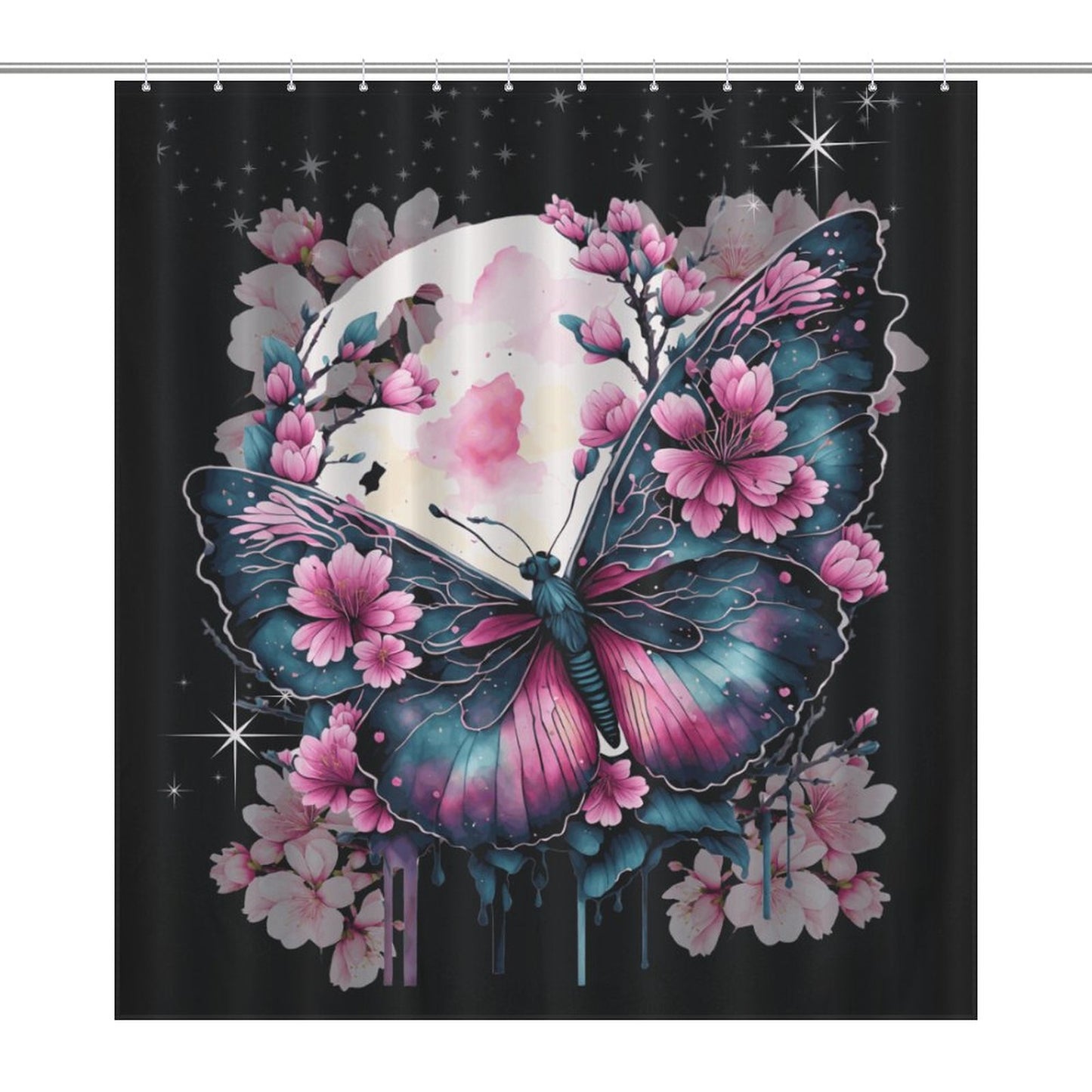 Enchanted Midnight Butterfly Shower Curtain – Black & Blue Elegance