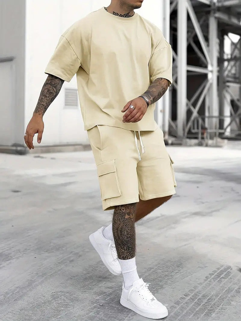 Men's Casual 2-Piece Set – Solid Crew Neck T-Shirt & Drawstring Shorts with Multi Pockets | Summer Outfit for Outdoor, Street wear, Lounge wear