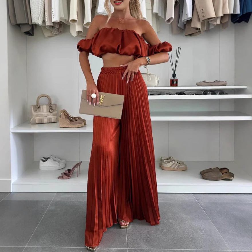 Women’s Satin Tube Top & Wide Leg Pants Set – 2 Piece Elegant Lounge Outfit | Summer Matching Set for Women | Sexy Formal Chic Suit