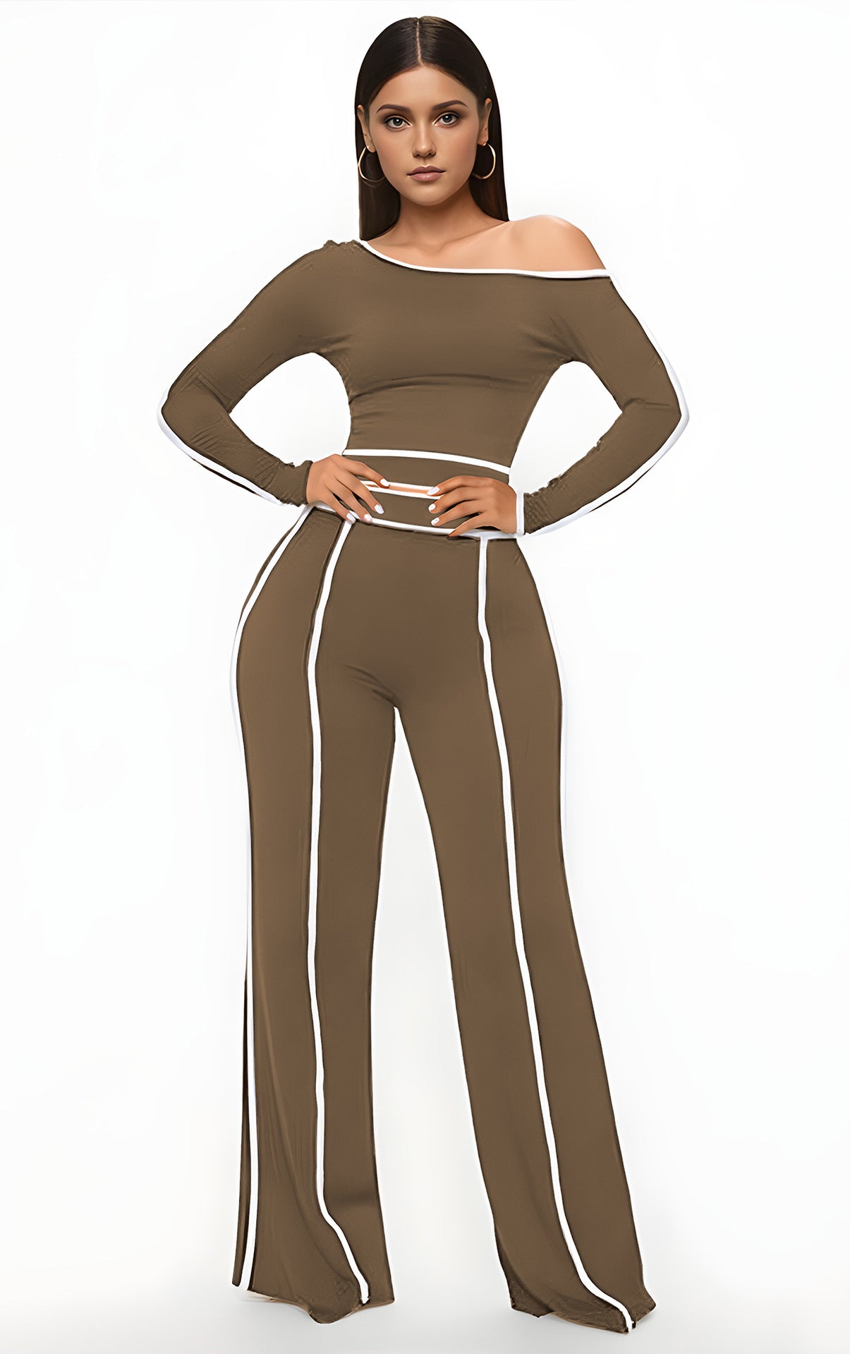 Women’s Commute Leisure Two-Piece Set – Diagonal Collar Top & High Waist Trousers | Chic Long Sleeve Stitch Set | Elegant Casual Outfit for Work or Brunch
