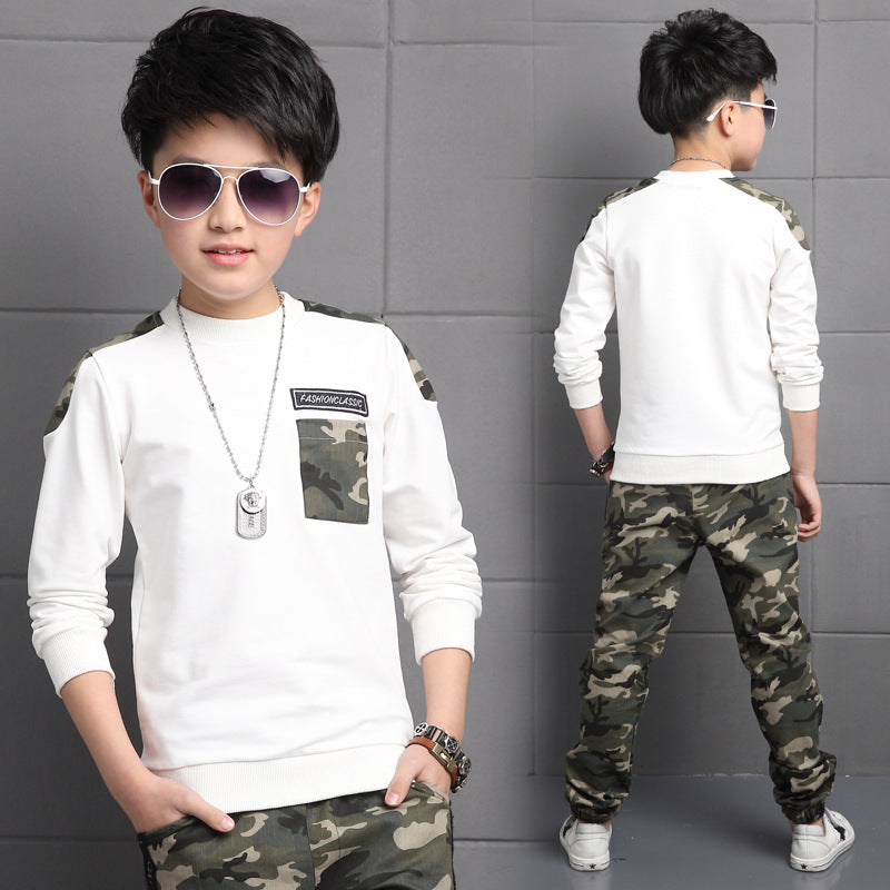 Boys Camouflage Pants And Long-sleeved Shirt Set