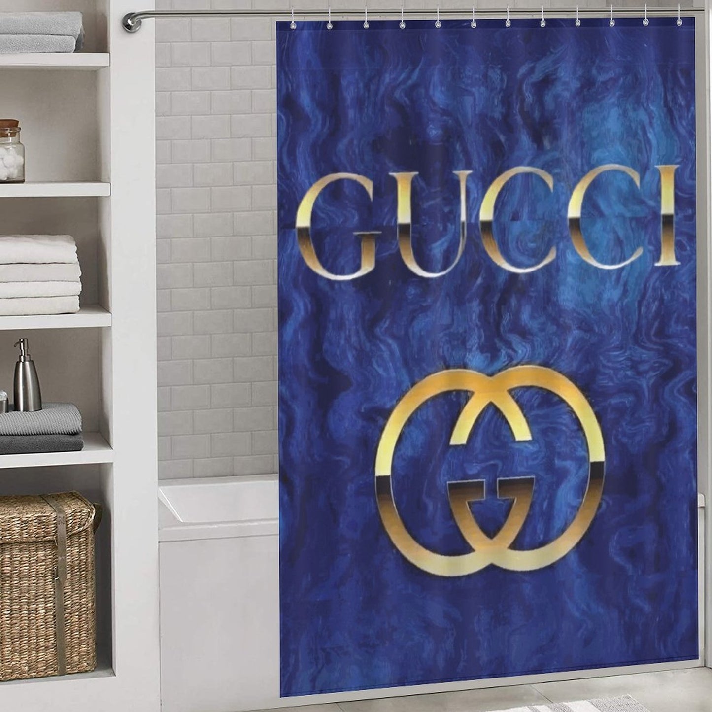 Luxury Blue & Gold Shower Curtain – Elegant Bathroom Decor