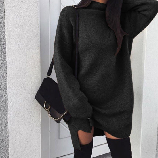 Casual Loose Knit High Neck Split Women Sweater Dress