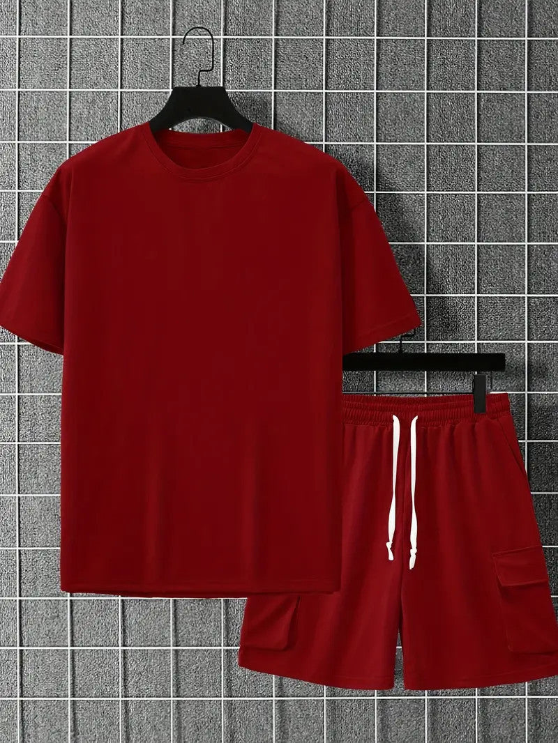 Men's Casual 2-Piece Set – Solid Crew Neck T-Shirt & Drawstring Shorts with Multi Pockets | Summer Outfit for Outdoor, Street wear, Lounge wear