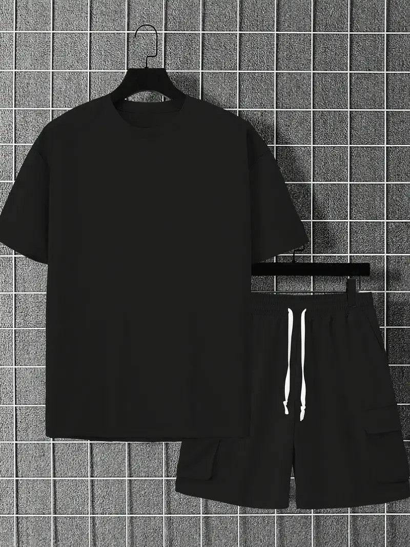 Men's Casual 2-Piece Set – Solid Crew Neck T-Shirt & Drawstring Shorts with Multi Pockets | Summer Outfit for Outdoor, Street wear, Lounge wear