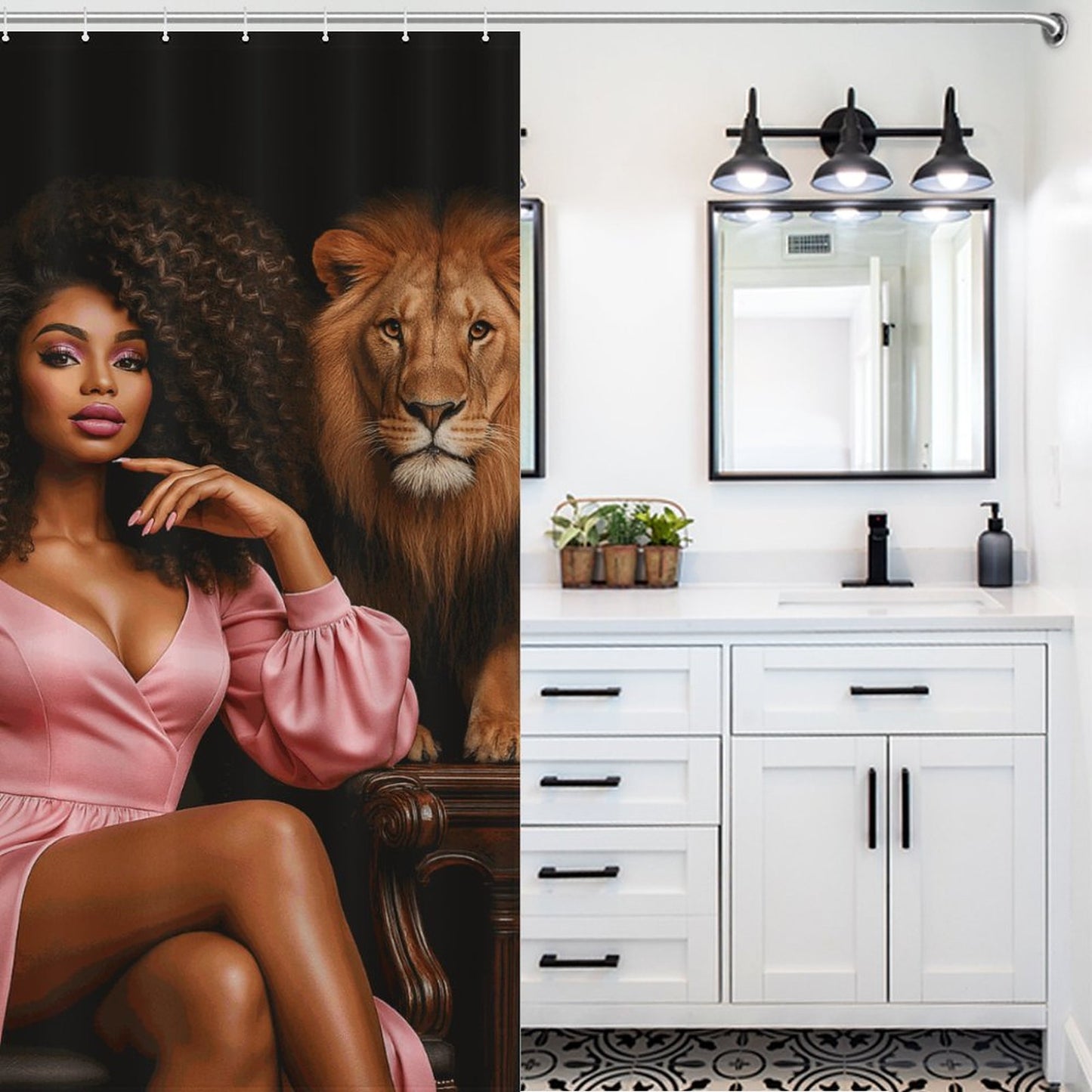 Regal Queen and Lions Black Luxury Shower Curtain