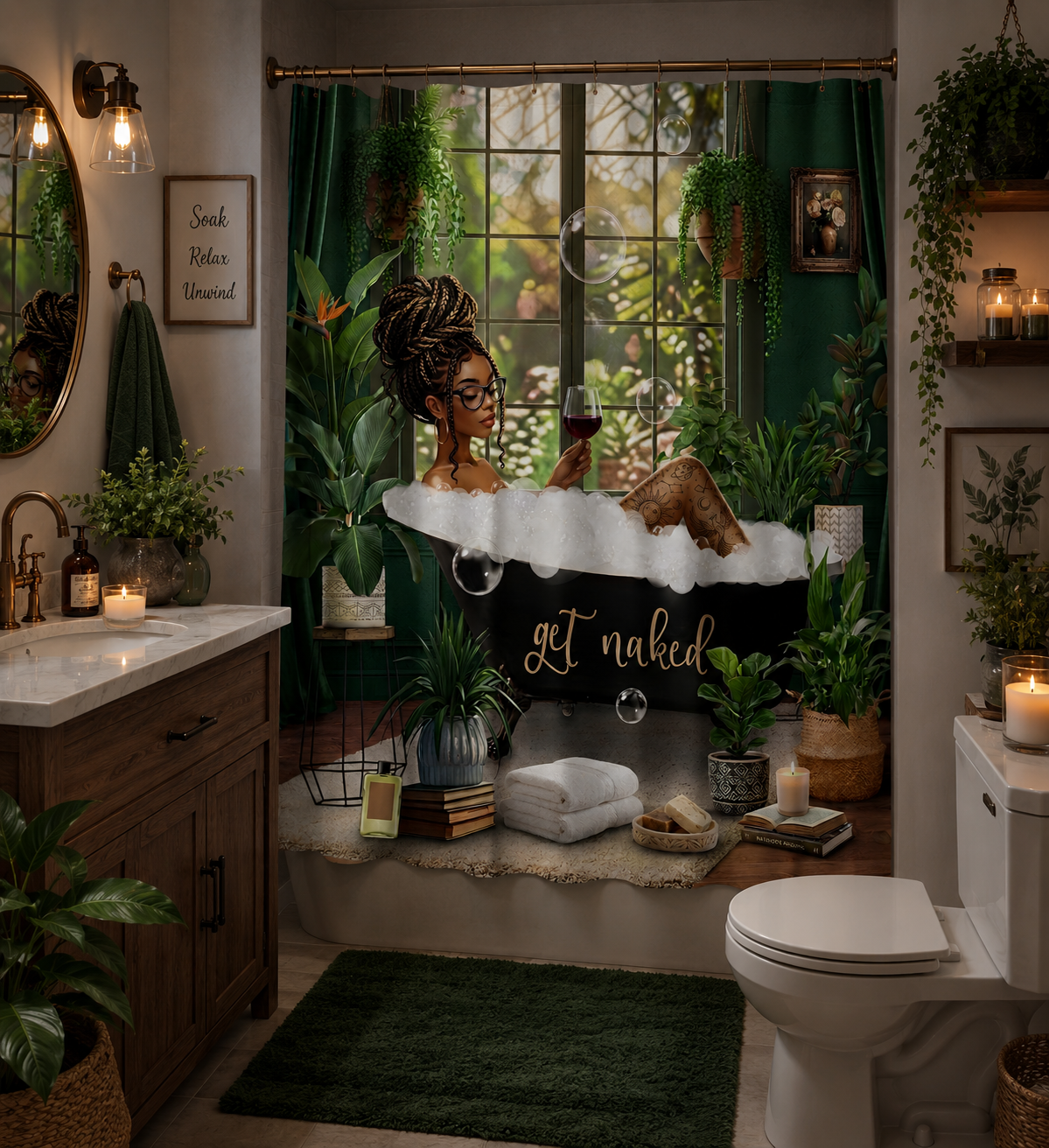 Boho Black Girl Shower Curtain Set, Green Botanical Bathroom Decor, Afro Queen Bubble Bath Curtain, Melanin Bathroom Aesthetic, Get Naked Bath Decor