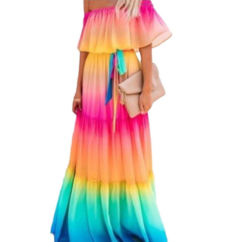 Women's Wrapped Chest Print Gradient Color Large Swing Skirt Dress