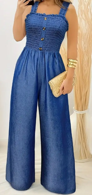 Stylish Jumpsuit for Women – Sleeveless Wide Leg One-Piece | Solid Color Casual Summer Outfit with Button Detail
