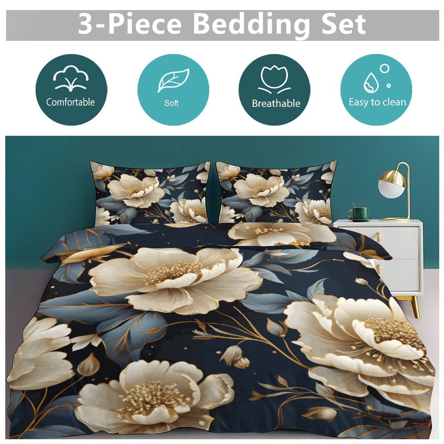 3-Piece Bedding Set-102"x90 Soft Duvet Cover & Pillowcases, Elegant Flower Design, Queen/King Size Comforter Set