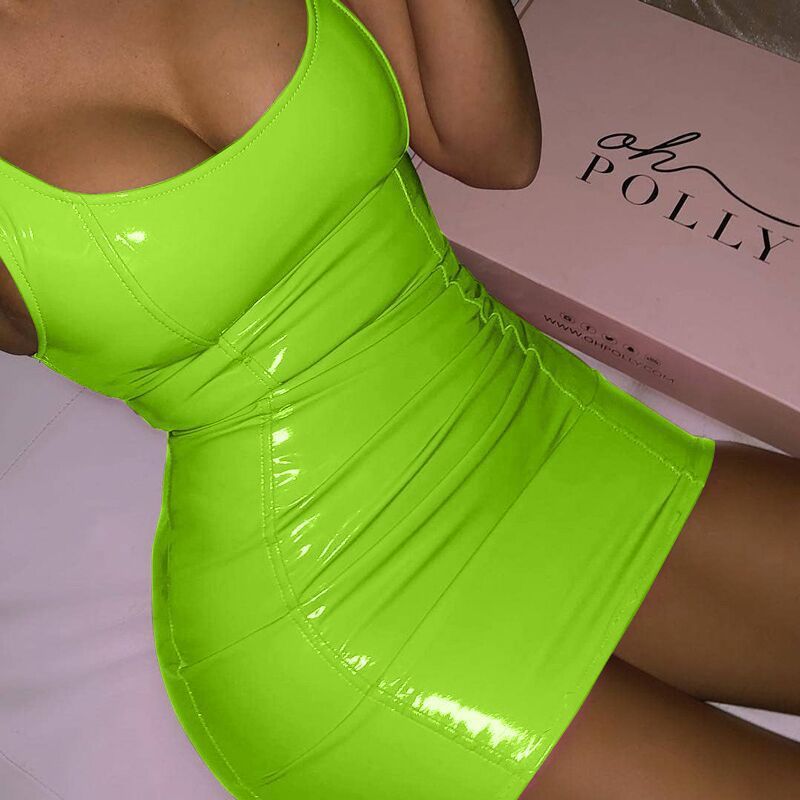 Sexy Solid Color Leather Sling Dress for Women – Bodycon Party Dress, Tight Hip Skirt, Clubwear