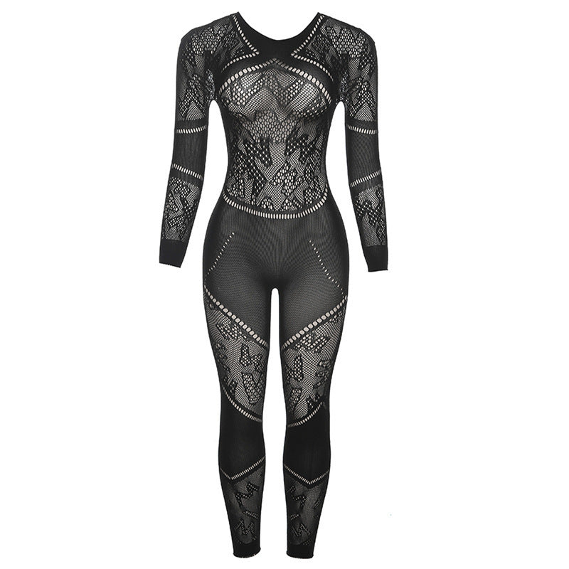 Chic Hollow Knit One-Piece Skinny Trousers – High Waist Sheath Jumpsuit for Women | Casual Streetwear Outfit