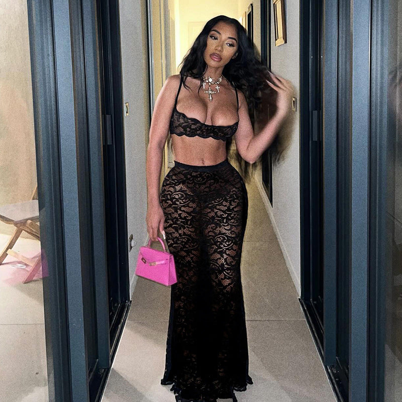 Women’s Cutout Sling Top & High Waist Lace Skirt Set | Sexy Two Piece Outfit | Elegant Summer Clubwear | Date Night Lace Suit | Trendy Matching Set