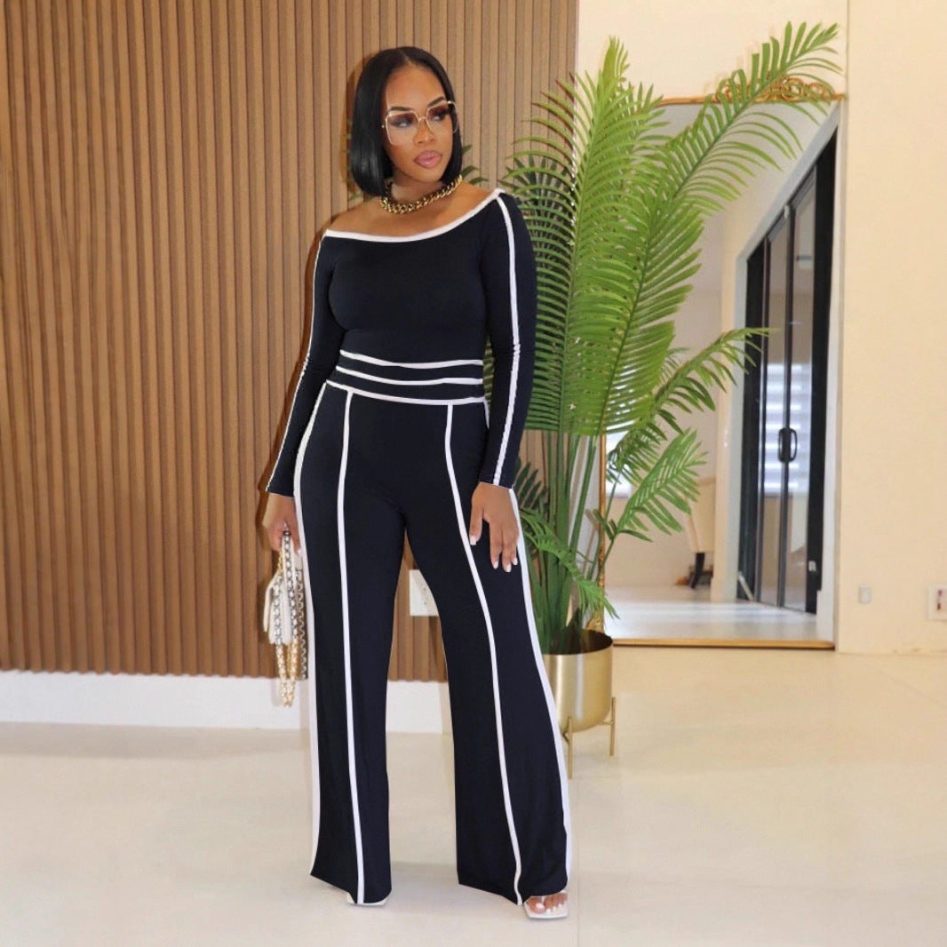 Women’s Commute Leisure Two-Piece Set – Diagonal Collar Top & High Waist Trousers | Chic Long Sleeve Stitch Set | Elegant Casual Outfit for Work or Brunch